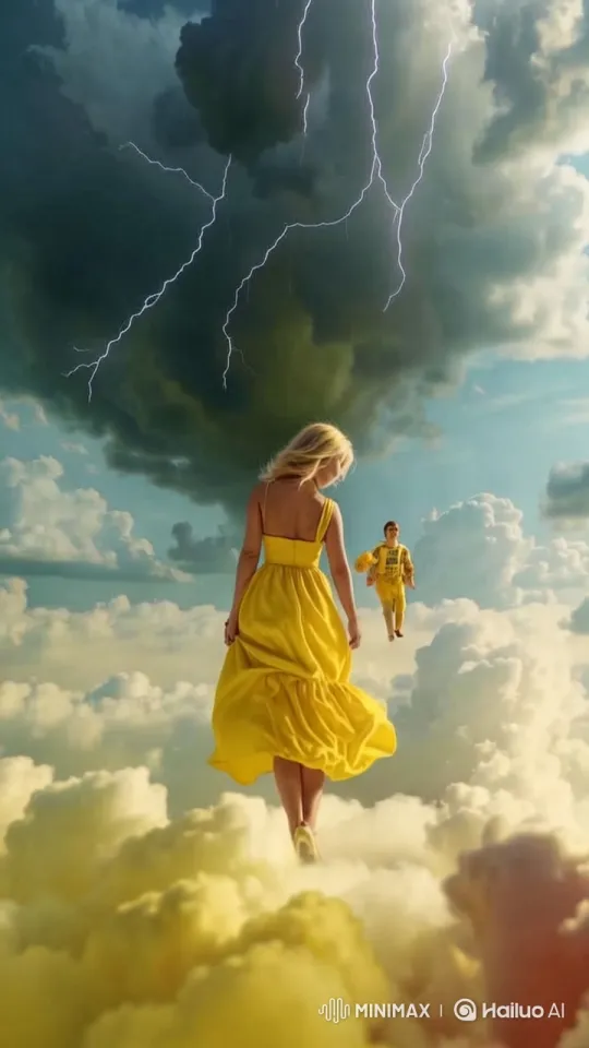 Yellow Dress Woman Meets Man in Stormy Sky Drama – AI Generated Video | Hailuo AI
