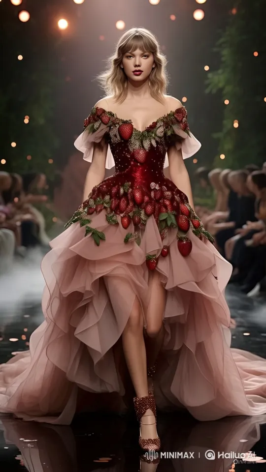 Supermodel Struts in Strawberry Gown on Ethereal Runway – AI Generated Video | Hailuo AI