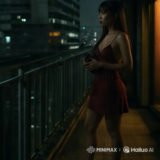 Night Balcony: A Woman in Red Amidst City Lights – AI Generated Video | Hailuo AI