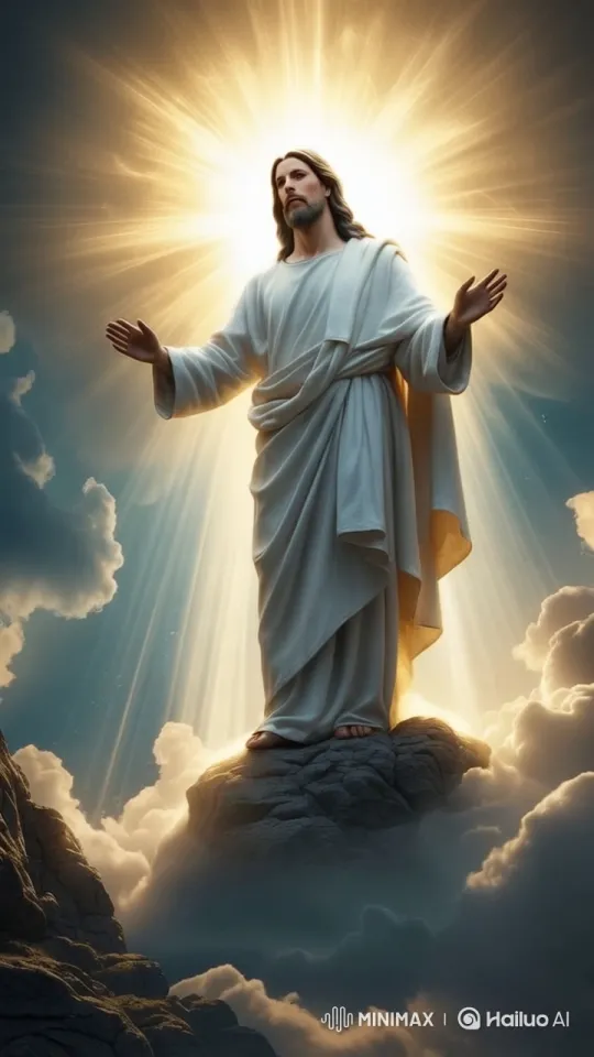 Divine Figure in Radiant Halo Amidst Serene Clouds – AI Generated Video | Hailuo AI