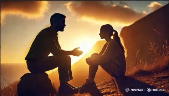 Tranquil Sunset Scene: Two Figures in Dialogue – AI Generated Video | Hailuo AI