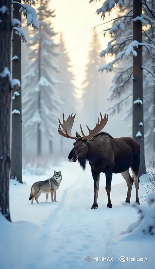 Moose and Wolf in Serene Winter Forest – AI Generated Video | Hailuo AI