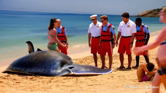Surreal Beach Scene: Stranded Marine Animal and Onlookers – AI Generated Video | Hailuo AI