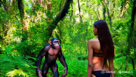 Girl in Bikini Kisses Chimpanzee in Enchanted Forest – AI Generated Video | Hailuo AI