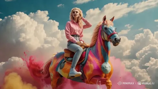Vibrant Woman Rides Rainbow Horse in Dreamy Landscape – AI Generated Video | Hailuo AI