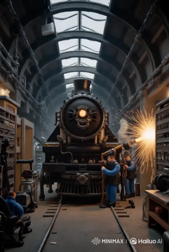 Miniature Mechanics Service a Colossal Diesel Engine – AI Generated Video | Hailuo AI