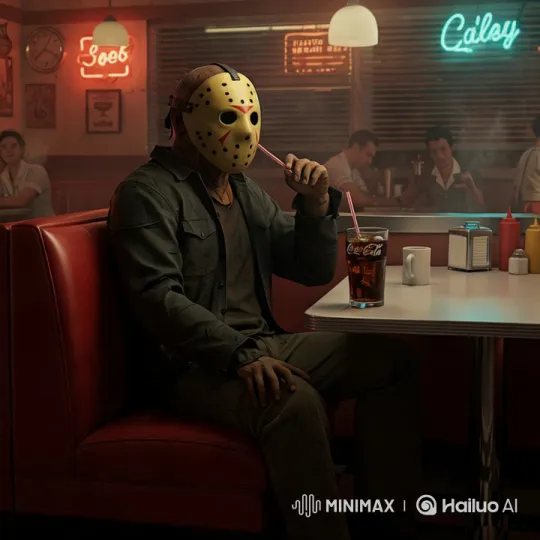 Jason Voorhees Enjoying a Coke in a Retro Diner – AI Generated Video | Hailuo AI