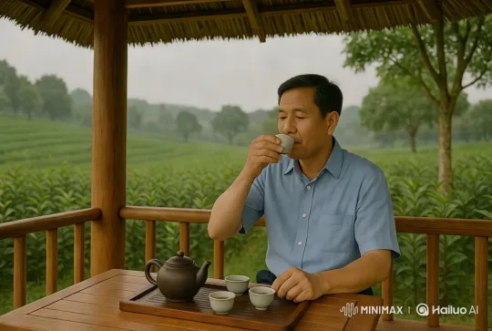 Man Enjoying Tea in Peaceful Tea Fields – AI Generated Video | Hailuo AI