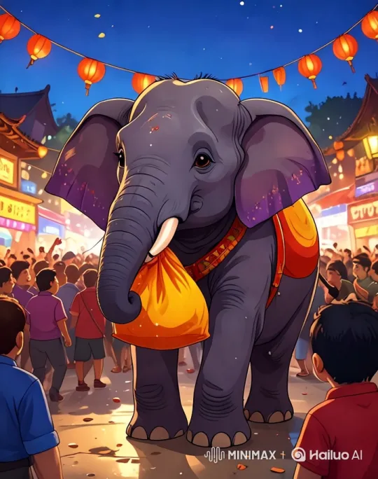 Colorful Night Market with Majestic Elephant – AI Generated Video | Hailuo AI