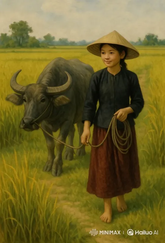 Rural Harmony: Girl Leads Buffalo Through Verdant Fields – AI Generated Video | Hailuo AI