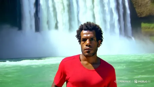 Man Walks with Purpose Near Majestic Waterfall – AI Generated Video | Hailuo AI