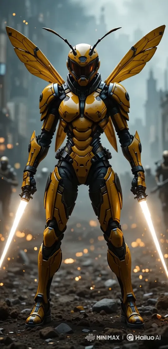 Wasp Warrior Advances in Futuristic Combat Armor – AI Generated Video | Hailuo AI