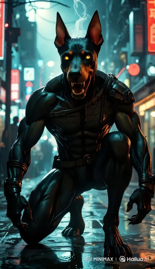 Cybernetic Doberman in Futuristic Alleyway – AI Generated Video | Hailuo AI