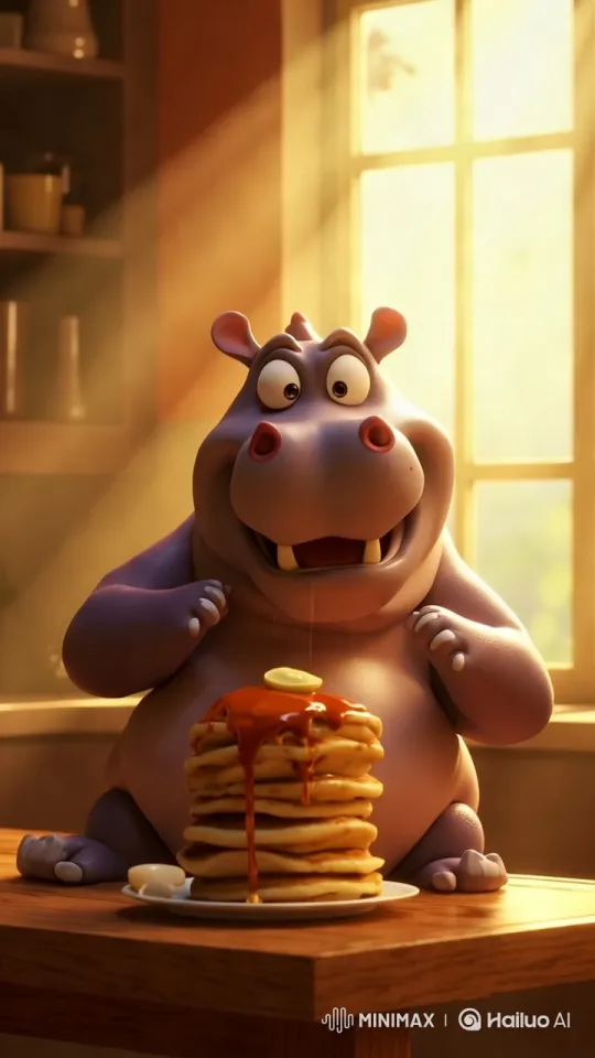 Purple Hippo Delights in Morning Pancakes – AI Generated Video | Hailuo AI