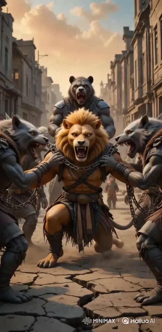 Apocalyptic Struggle: Bear, Lion, and Wolves in Ruined Village – AI Generated Video | Hailuo AI