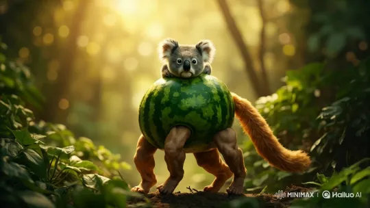 Koala in Watermelon Costume Walks Through Enchanted Forest – AI Generated Video | Hailuo AI