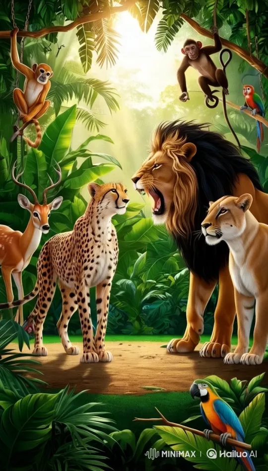 Jungle Clearing: Cheetah and Lion's Dramatic Race – AI Generated Video | Hailuo AI