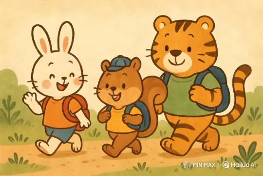 Animated Characters Walk Cheerfully in Lush Greenery – AI Generated Video | Hailuo AI