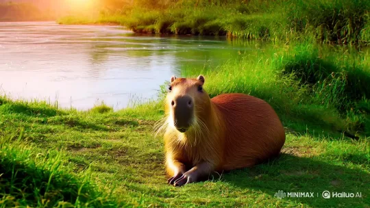 Peaceful Serenade: Capybara's Lush Riverside Escape – AI Generated Video | Hailuo AI