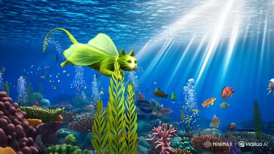Cabbage Cat Glides Through Enchanted Underwater World – AI Generated Video | Hailuo AI