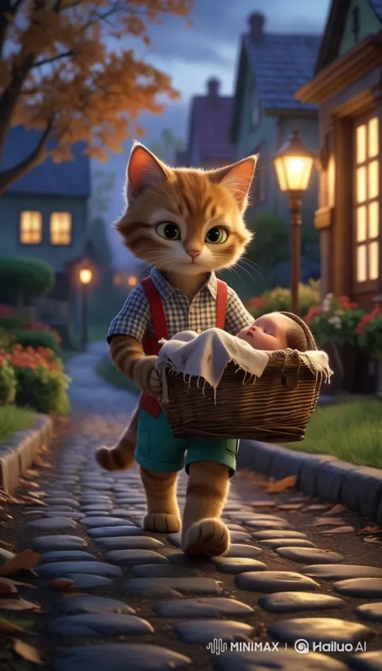 Anthropomorphic Kitten Delivers Infant to Cozy Home – AI Generated Video | Hailuo AI