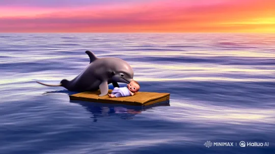 Dolphin Rescues Baby on Sunset-Glow Raft – AI Generated Video | Hailuo AI