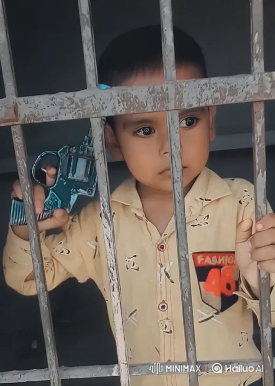 Playful Child with Toy Gun Behind Bars – AI Generated Video | Hailuo AI