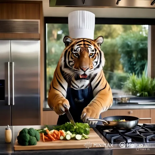 Tiger Chef Preparing Vegetables in Modern Kitchen – AI Generated Video | Hailuo AI