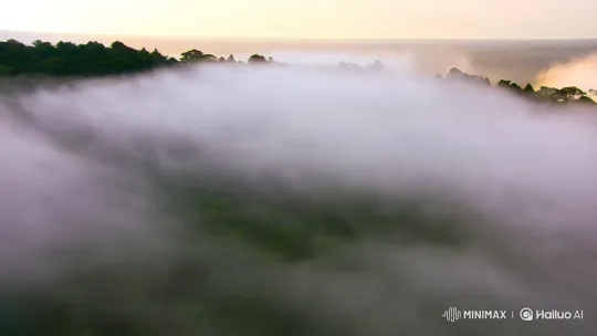 Mist-Covered Forest and River Revealed in Aerial Panorama – AI Generated Video | Hailuo AI