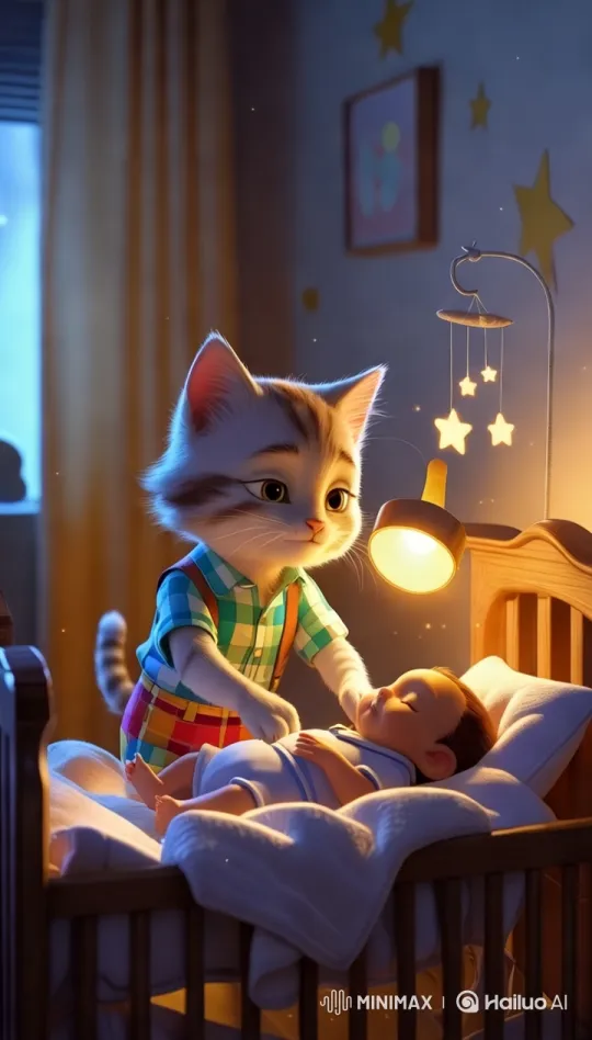 Whimsical Kitten Tucks Infant to Sleep in Cozy Nursery – AI Generated Video | Hailuo AI