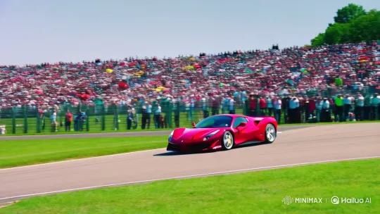 Sleek Ferrari Speeds on Sunlit Racetrack – AI Generated Video | Hailuo AI