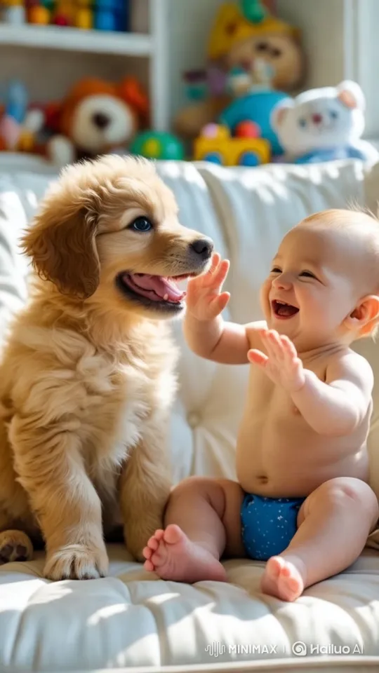 Baby and Puppy Laugh at Fart Sound – AI Generated Video | Hailuo AI