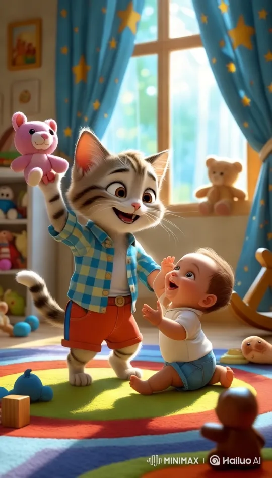 Anthropomorphic Kitten Plays with Infant in Whimsical Nursery – AI Generated Video | Hailuo AI