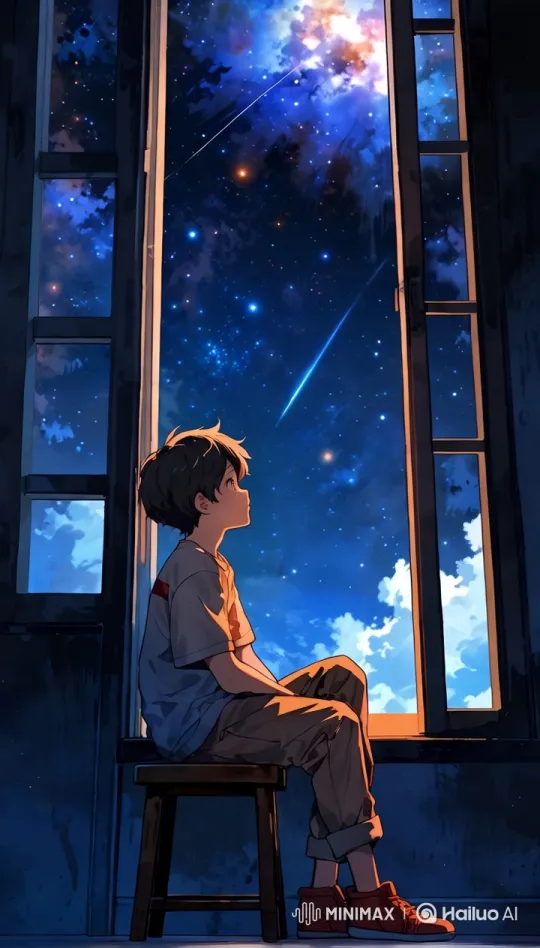 Boy on Stool Gazing at Starry Night Sky – AI Generated Video | Hailuo AI