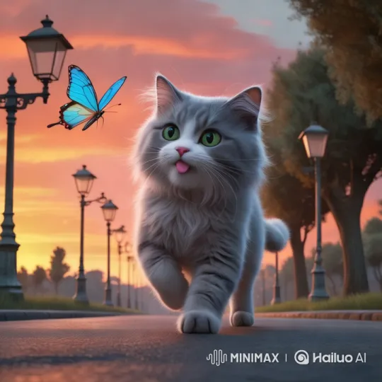 Cat Chases Butterfly in Golden Sunset Scene – AI Generated Video | Hailuo AI