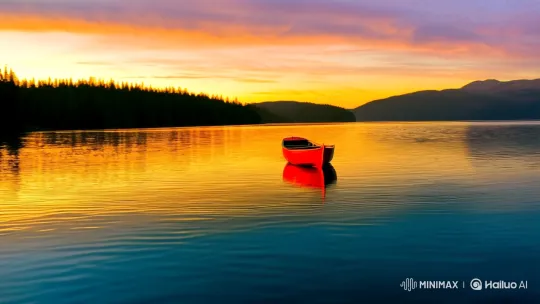 Solitary Red Boat Reflects on Serene Lake at Dusk – AI Generated Video | Hailuo AI