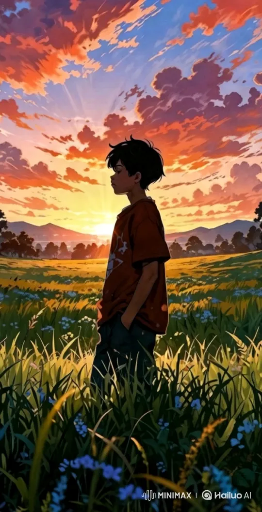 Sunset Serenity: Boy Amidst Wildflowers – AI Generated Video | Hailuo AI