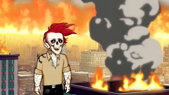 Cartoon Man Stands Resolute Amidst Burning Cityscape – AI Generated Video | Hailuo AI
