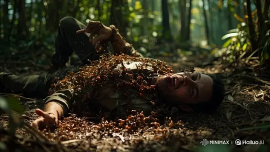 Man Covered in Ants Amidst Forest's Serenity – AI Generated Video | Hailuo AI