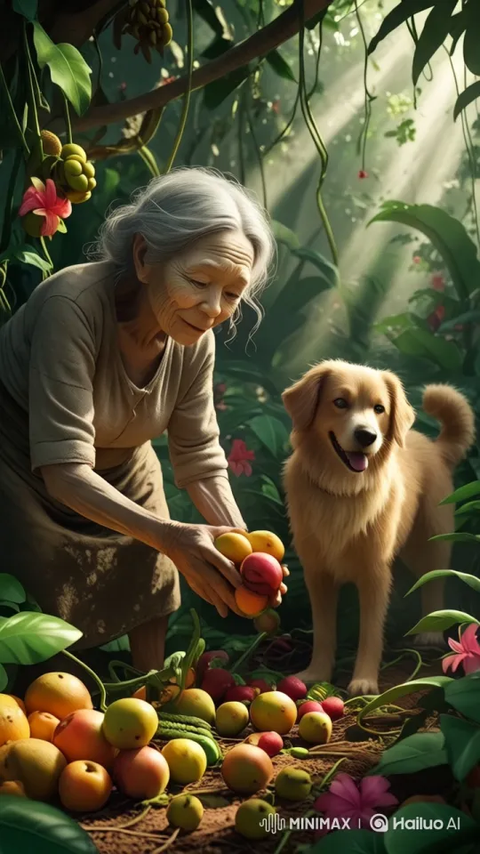 Elderly Woman and Dog in Serene Jungle Gathering Fruits – AI Generated Video | Hailuo AI