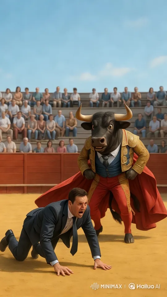 Comedic Bullfight: Man Mimics Chimp, Bull Outmaneuvers – AI Generated Video | Hailuo AI