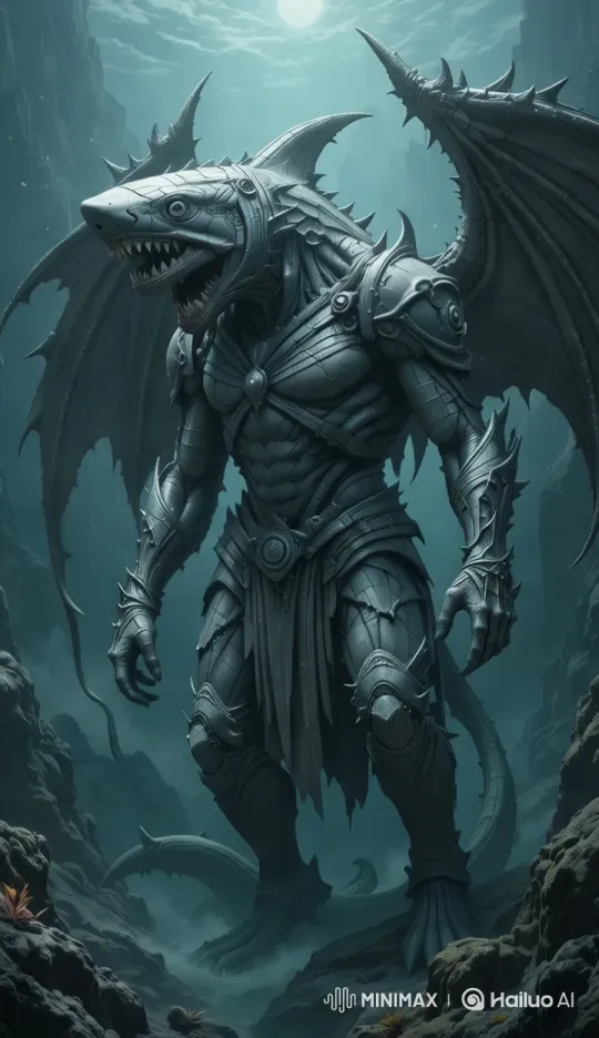 Guardian of the Deep: A Hybrid Shark-Gargoyle – AI Generated Video | Hailuo AI