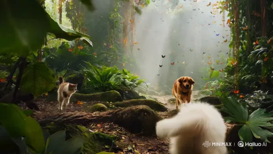 Fluffy Cat and Dog Frolic in Verdant Jungle Paradise – AI Generated Video | Hailuo AI