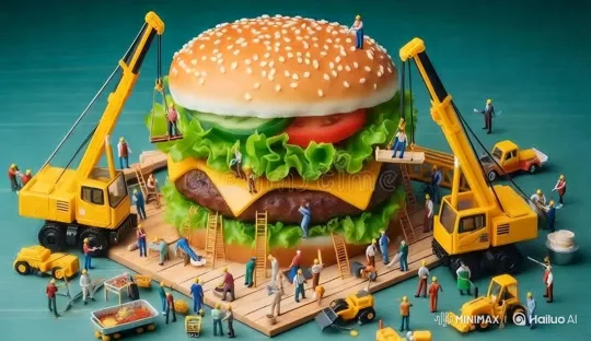 Miniature Workers Construct Giant Burger on Construction Site – AI Generated Video | Hailuo AI