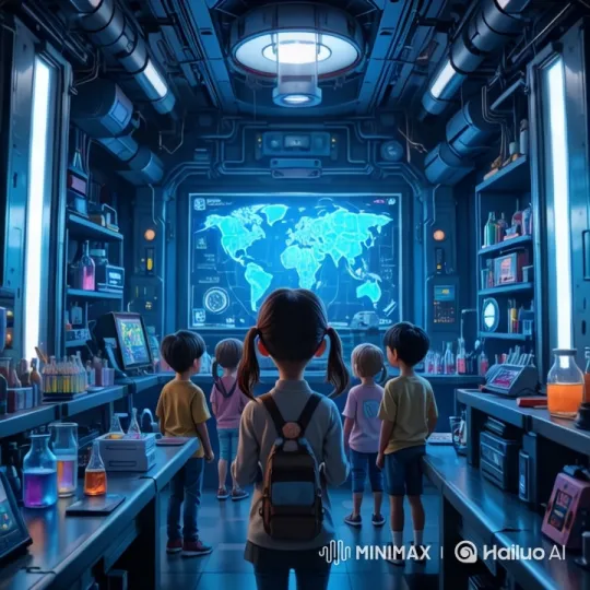 Futuristic Lab Scene with Children Observing World Map – AI Generated Video | Hailuo AI