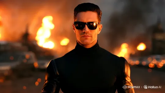 Mysterious Man Walks Through Blazing Cityscape – AI Generated Video | Hailuo AI