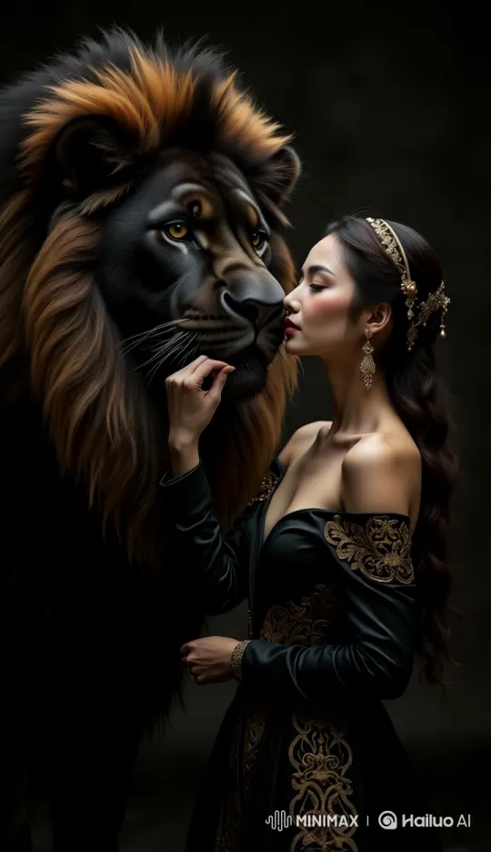 Majestic Chinese Woman and Black Lion: A Study in Grandeur – AI Generated Video | Hailuo AI