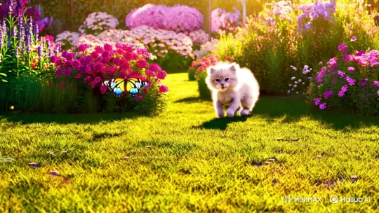 Kitten and Butterfly Play in Golden Sunlit Garden – AI Generated Video | Hailuo AI