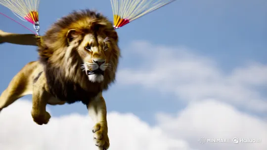 Majestic Lion Soars Through Sky on Parachute – AI Generated Video | Hailuo AI