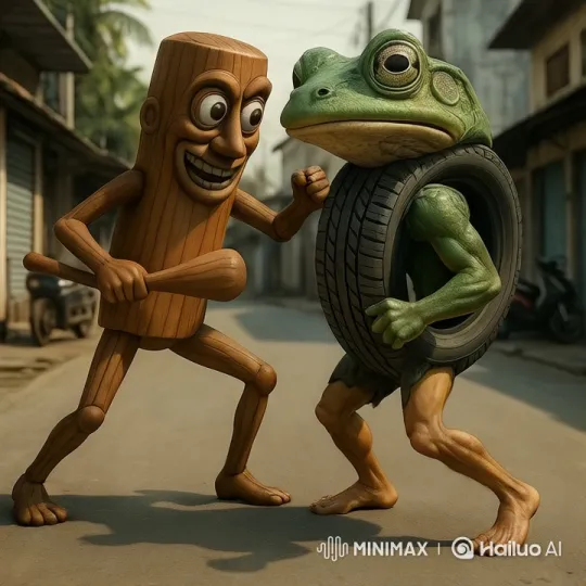 Wooden Figure and Frog Engage in Playful Street Fight – AI Generated Video | Hailuo AI